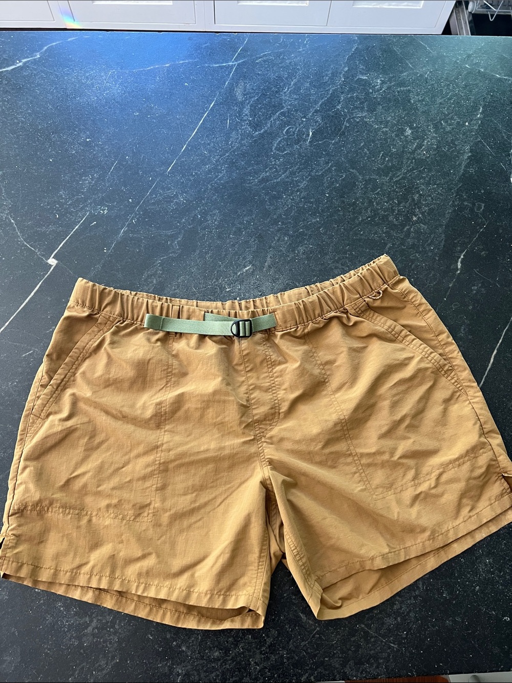 REI Men's Hybrid Shorts in Brown with Green Waist Strap